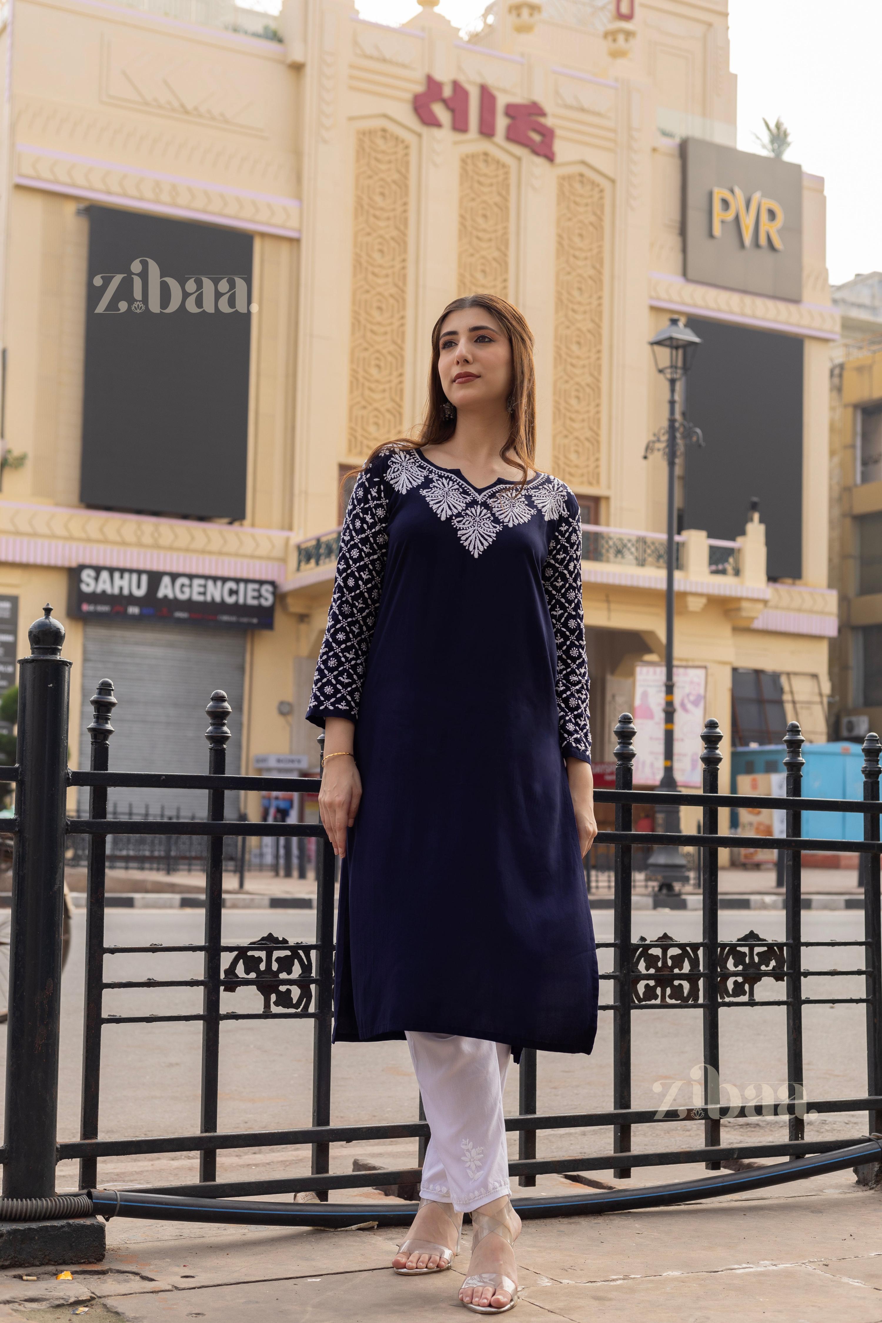 Zibaa Rayon Chikankari Kurti with Jaal work - Distacart