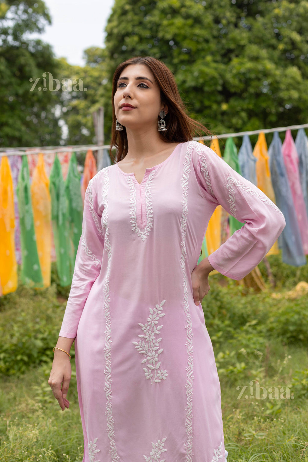 Zibaa Modal Pink Chikankari Kurti - Distacart