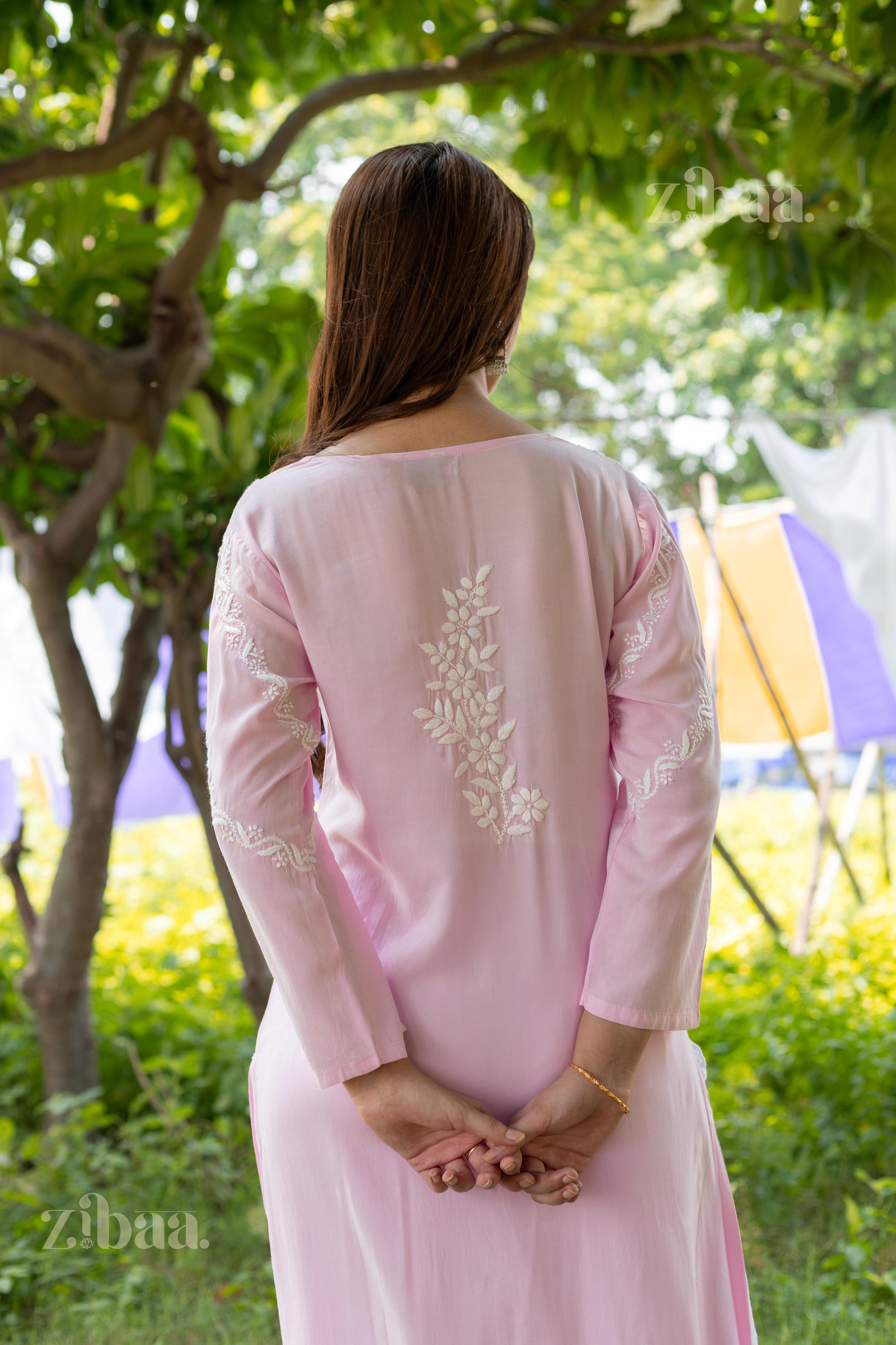Zibaa Modal Pink Chikankari Kurti - Distacart