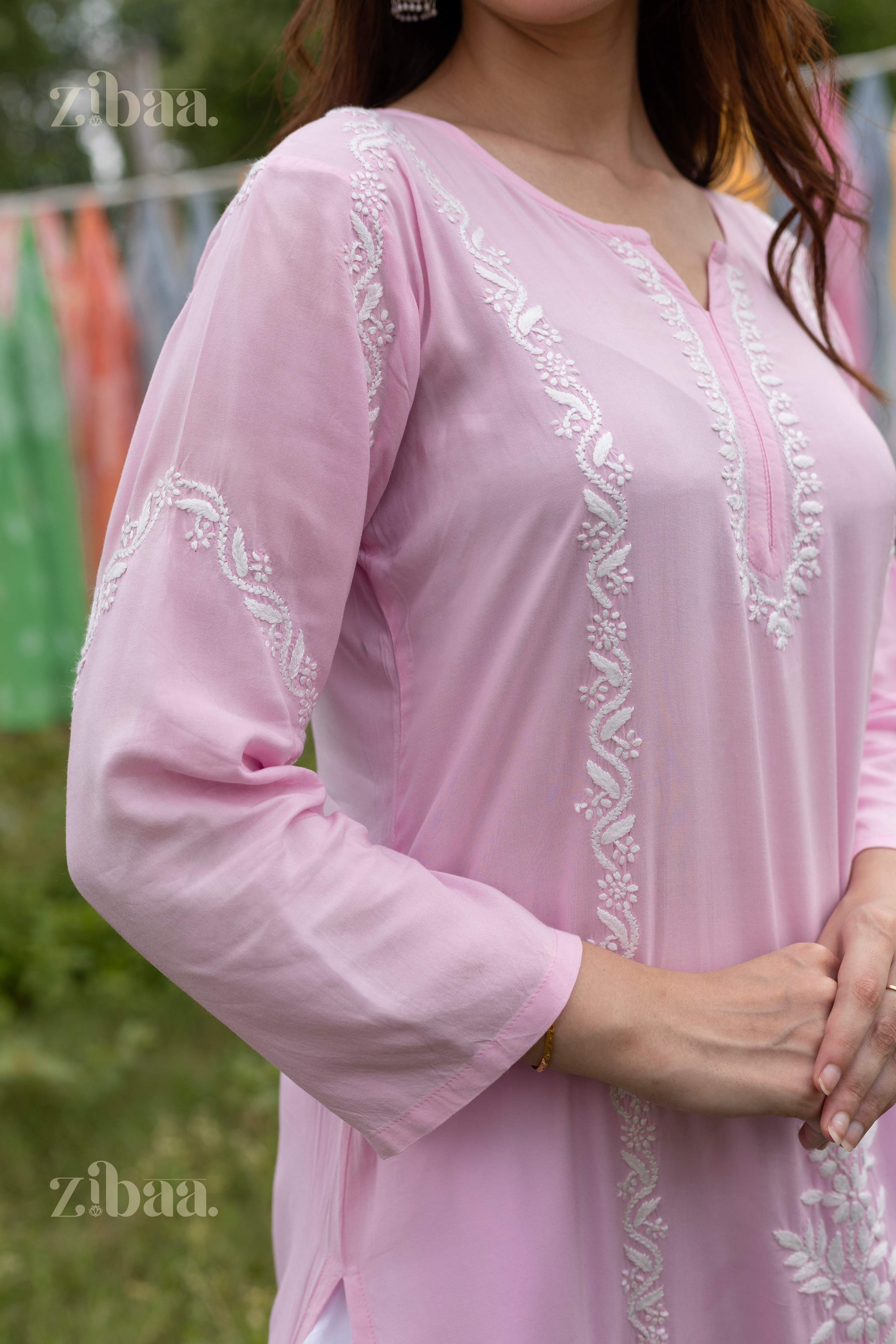 Zibaa Modal Pink Chikankari Kurti - Distacart