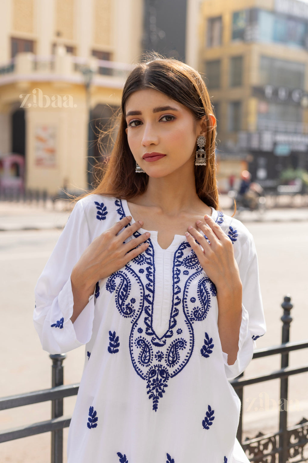 Zibaa Rayon White Chikankari Kurti with small motifs - Distacart