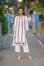 Zibaa Modal White Chikankari Kurti With Maroon Bel - Distacart