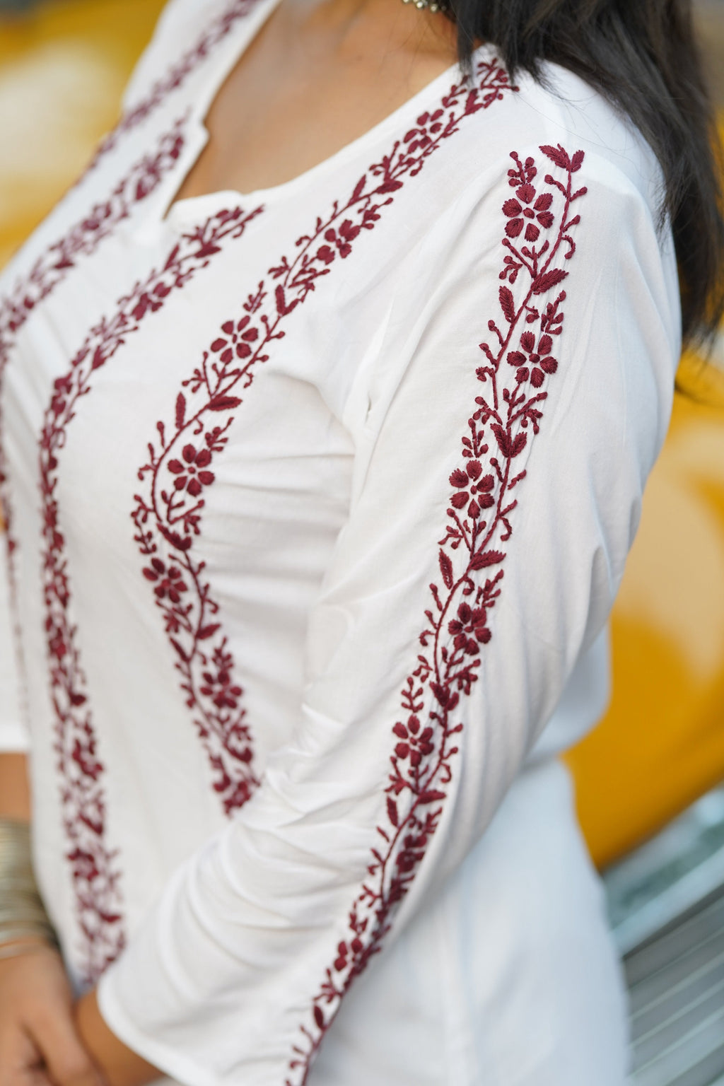 Zibaa Modal White Chikankari Kurti With Maroon Bel - Distacart