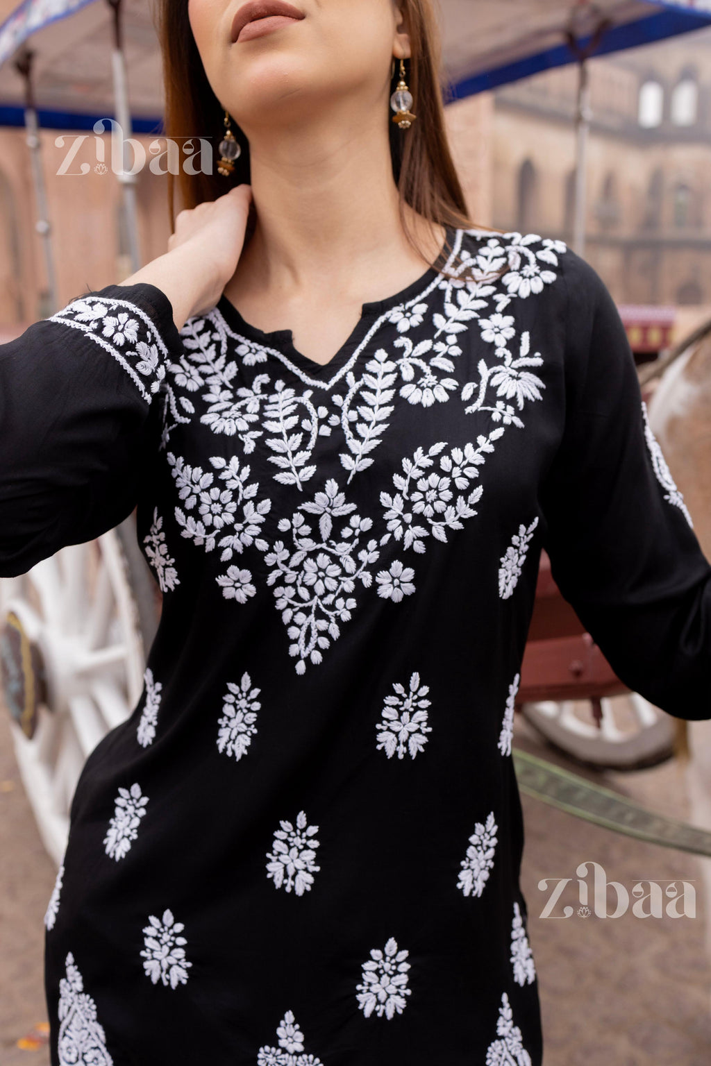 Zibaa Modal Black Short Chikankari Kurti - Distacart