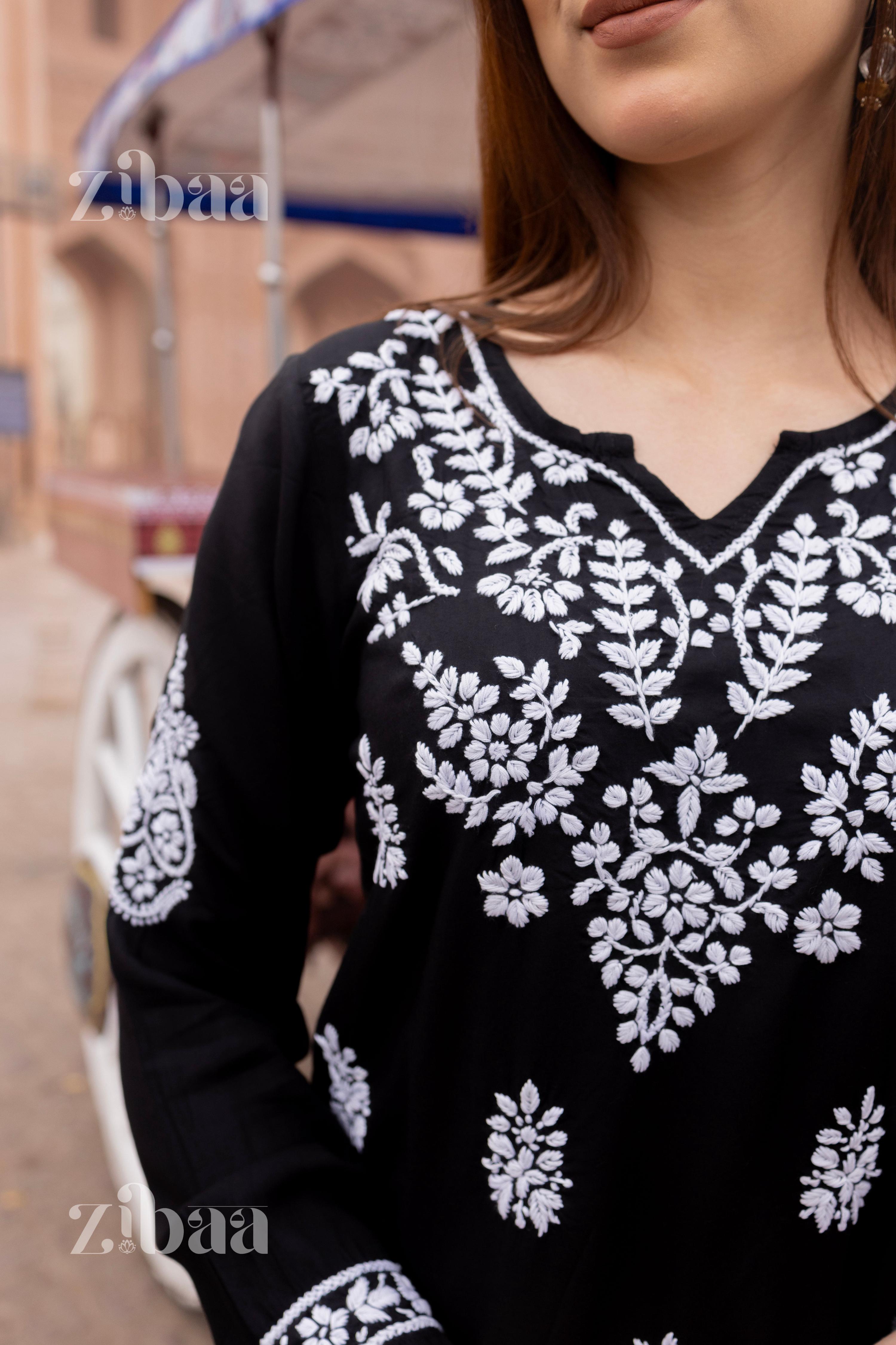 Zibaa Modal Black Short Chikankari Kurti - Distacart