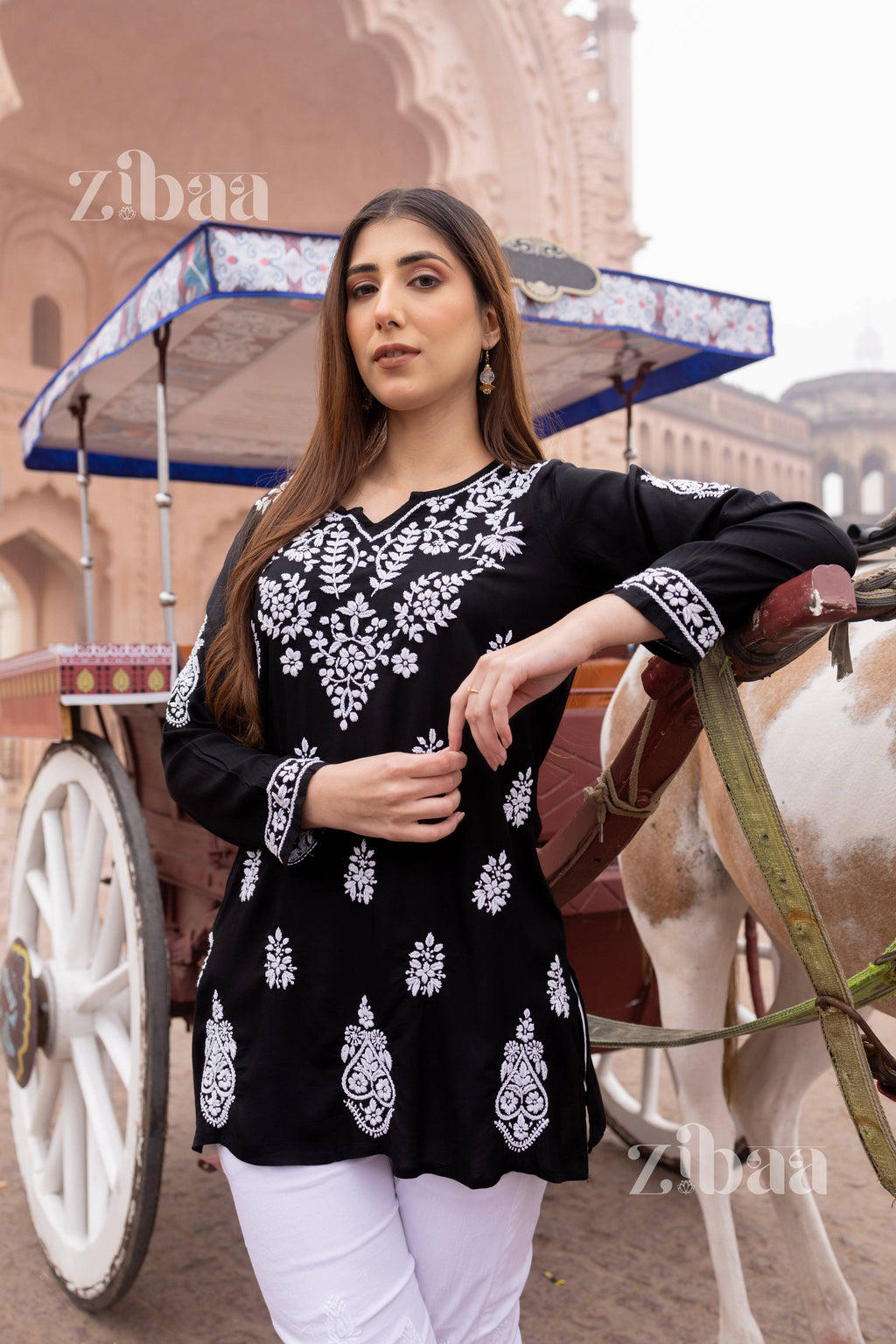 Zibaa Modal Black Short Chikankari Kurti - Distacart
