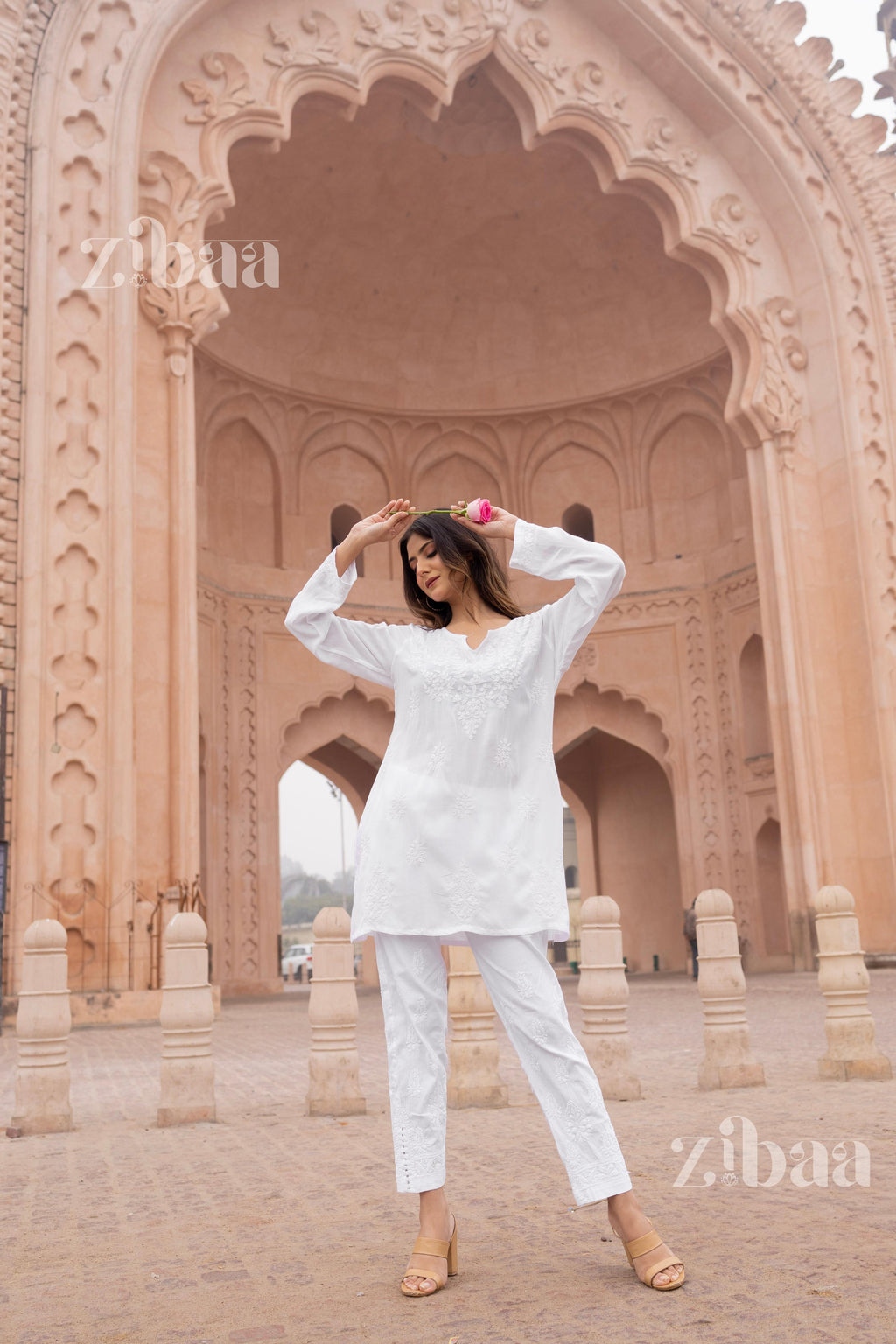 Zibaa Modal White Short Chikankari Kurti - Distacart