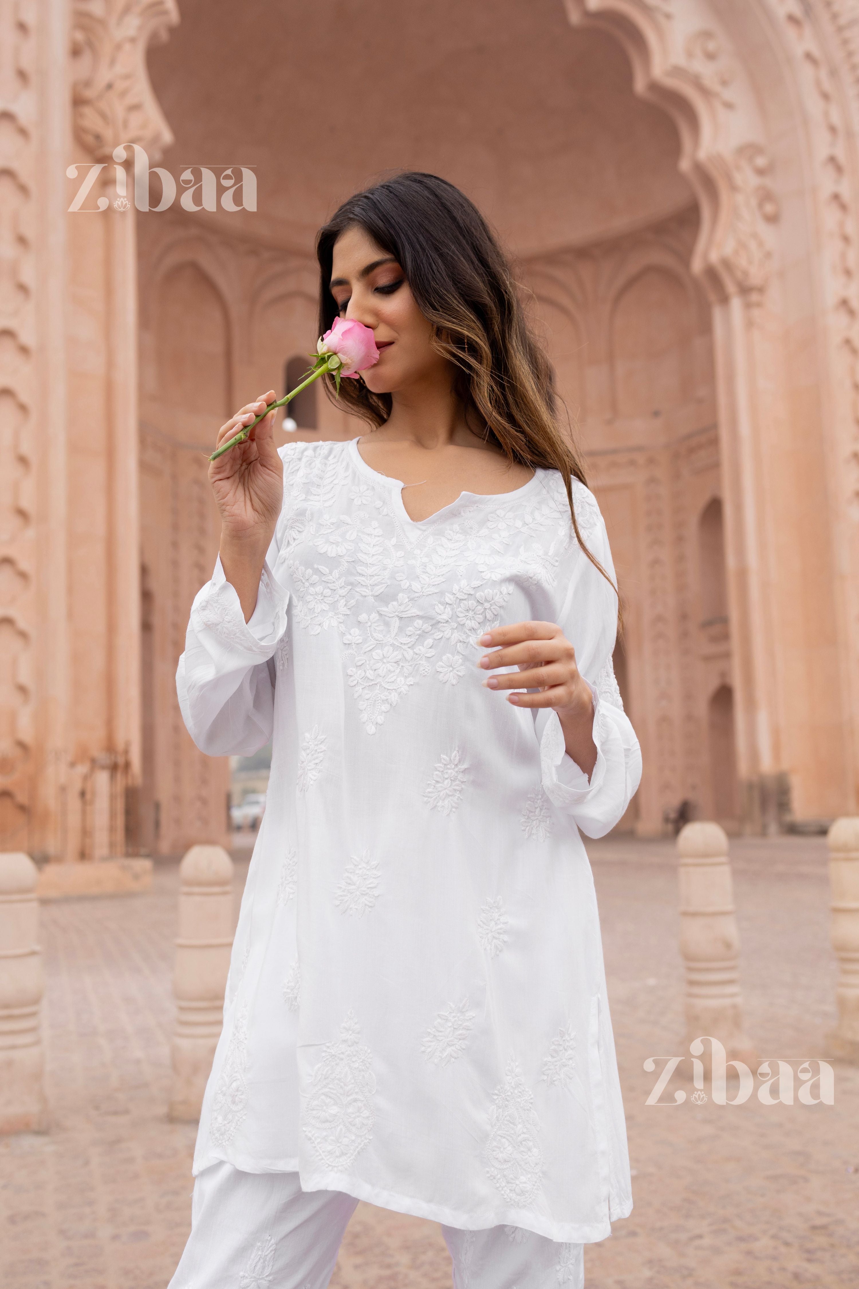 Zibaa Modal White Short Chikankari Kurti - Distacart