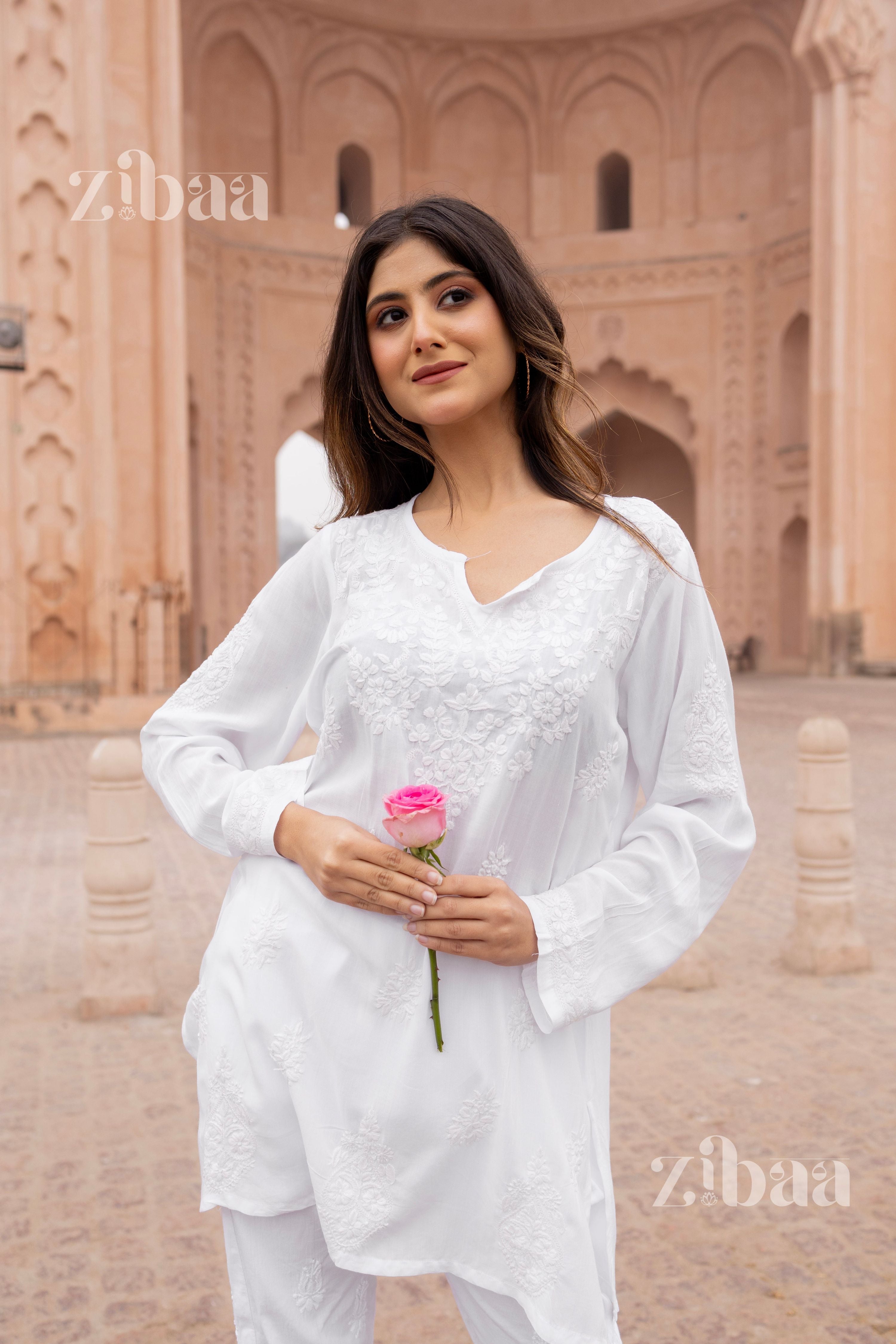 Zibaa Modal White Short Chikankari Kurti - Distacart