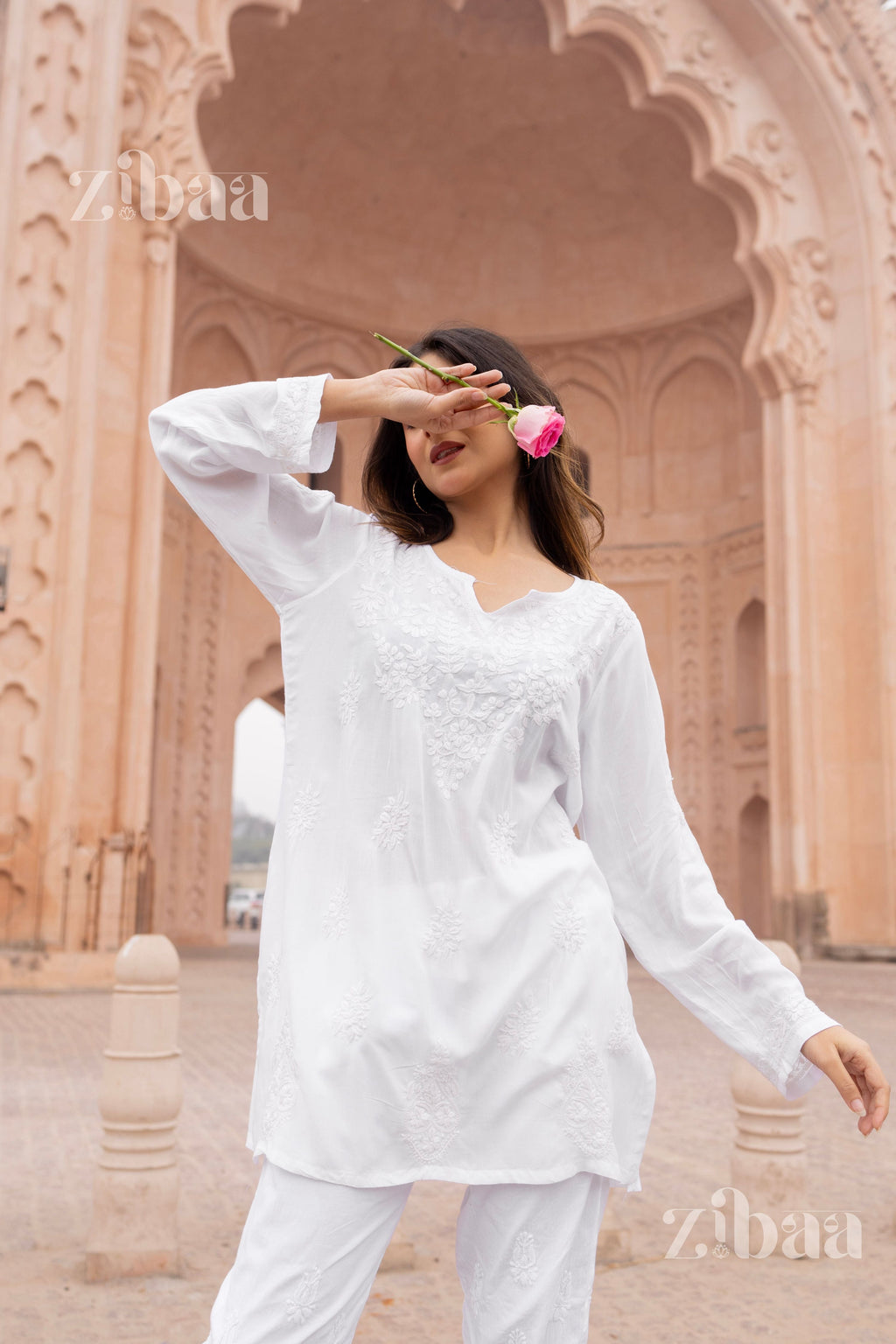 Zibaa Modal White Short Chikankari Kurti - Distacart