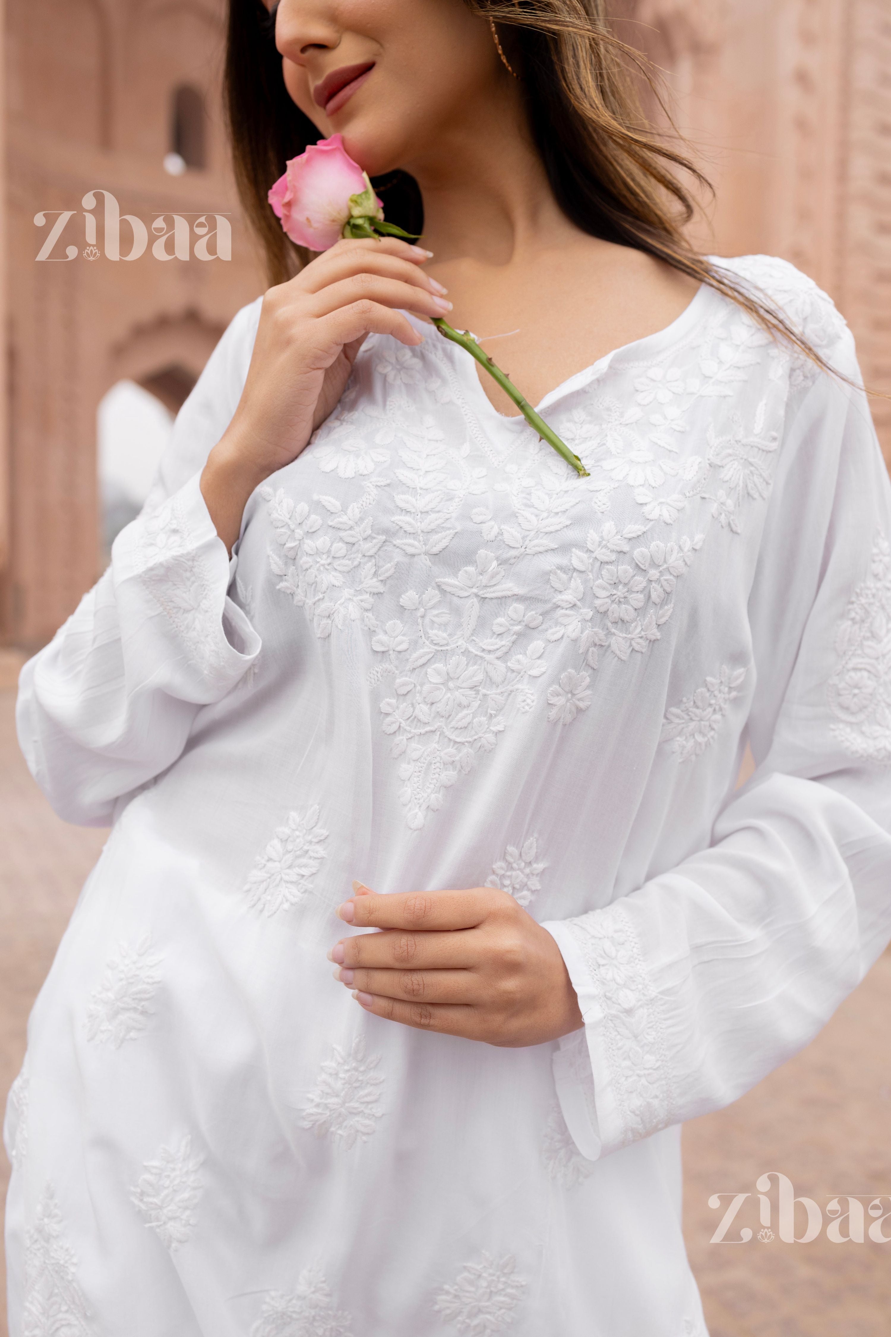 Zibaa Modal White Short Chikankari Kurti - Distacart