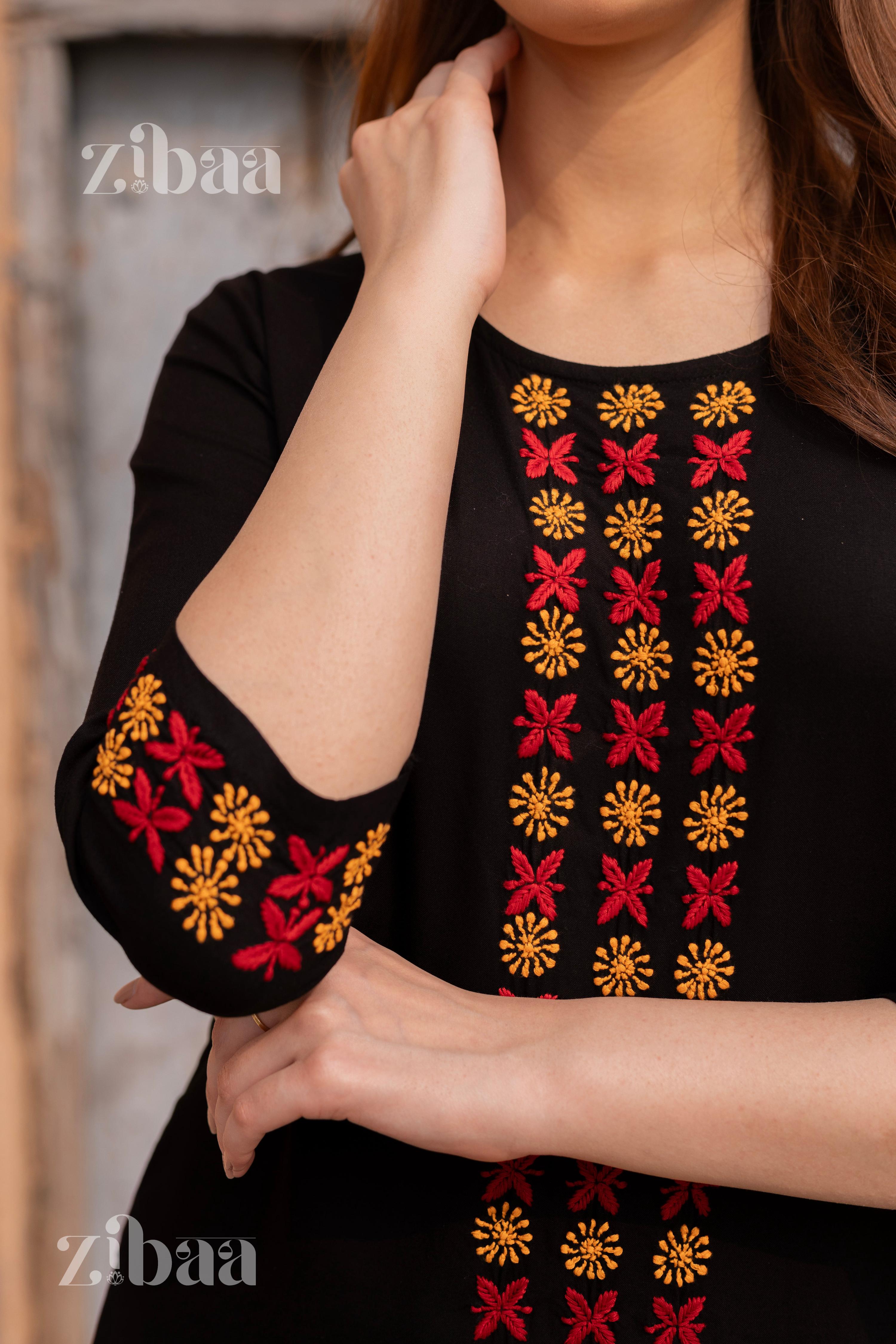 Zibaa Luxury Rayon Black Chikankari Kurta Set - Distacart