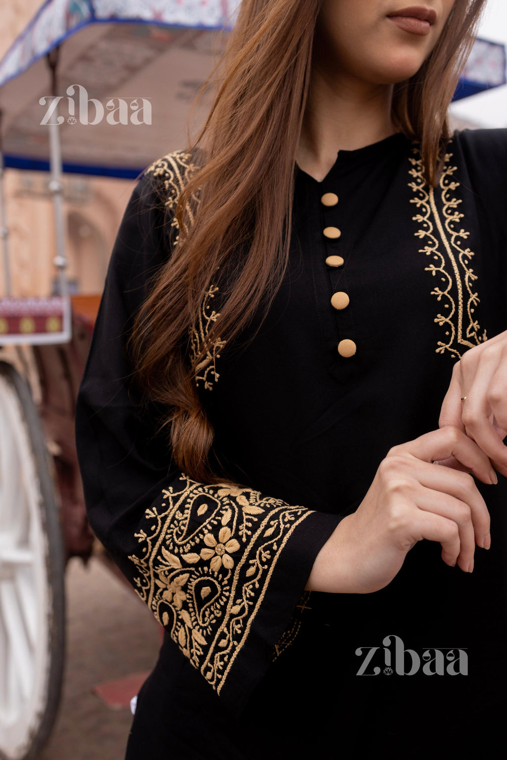 Zibaa Luxury Rayon Black Chikankari Kurta with Hand Jaal - Distacart