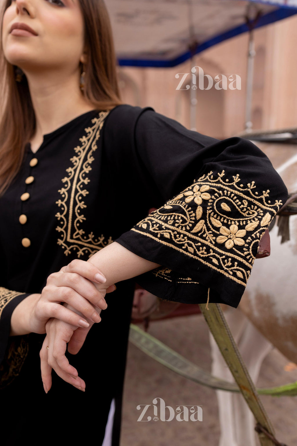 Zibaa Luxury Rayon Black Chikankari Kurta with Hand Jaal - Distacart