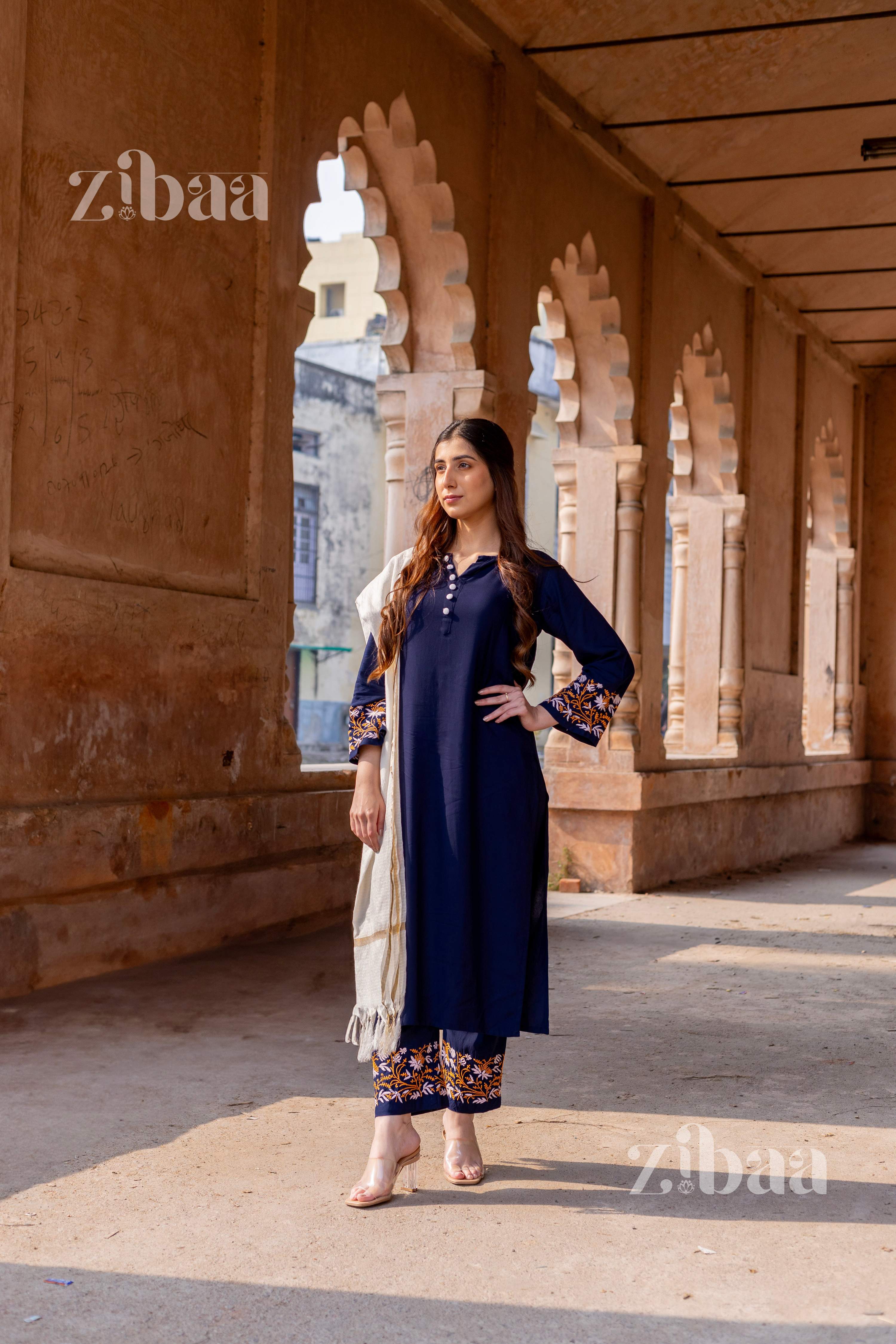Zibaa Luxury Rayon Blue Chikankari Kurta Set with Kota Dupatta - Distacart