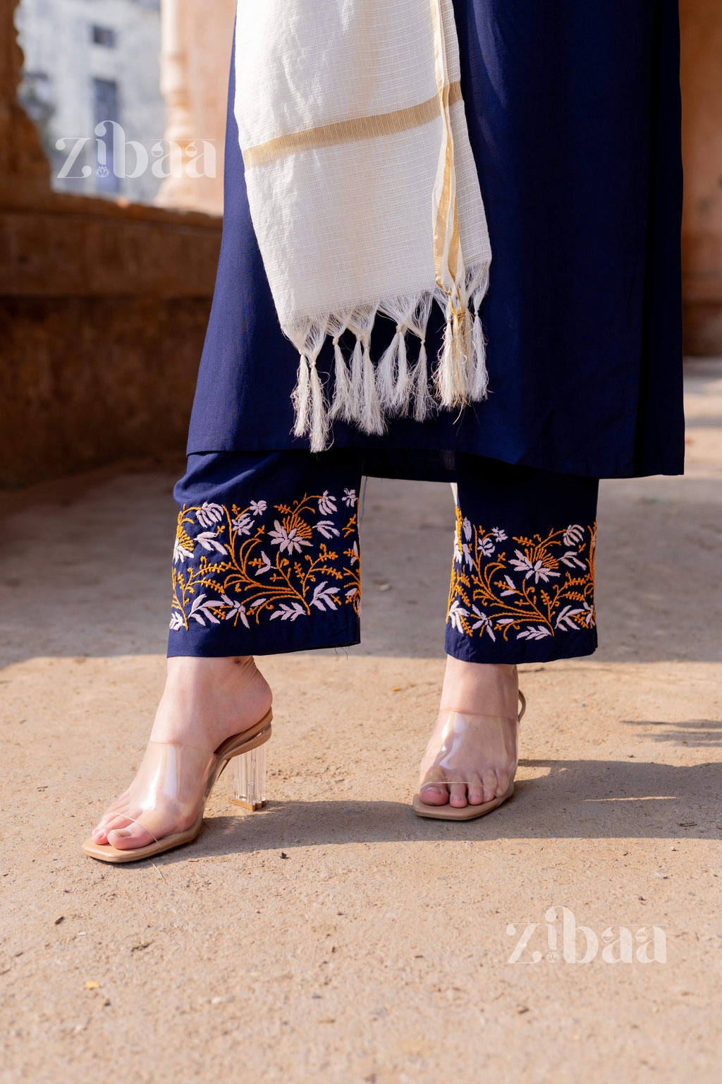 Zibaa Luxury Rayon Blue Chikankari Kurta Set with Kota Dupatta - Distacart