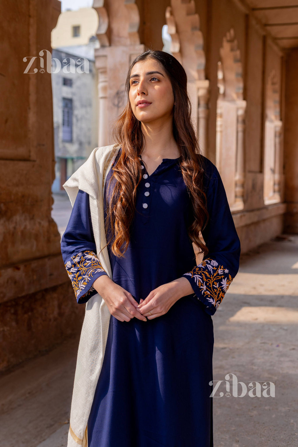 Zibaa Luxury Rayon Blue Chikankari Kurta Set with Kota Dupatta - Distacart