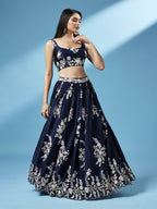 House of Panchhi Navy Blue Pure Georgette Thread & Sequinse Work Lehenga & Blouse, Dupatta