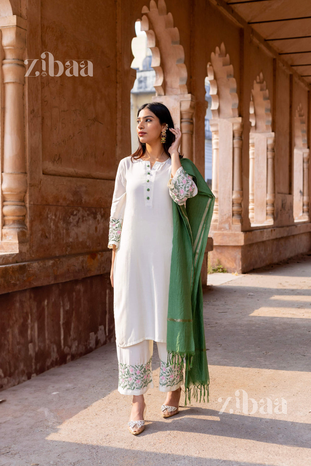 Zibaa Ivory Pure Muslin Chikankari Kurta Set with Mul Dupatta - Distacart