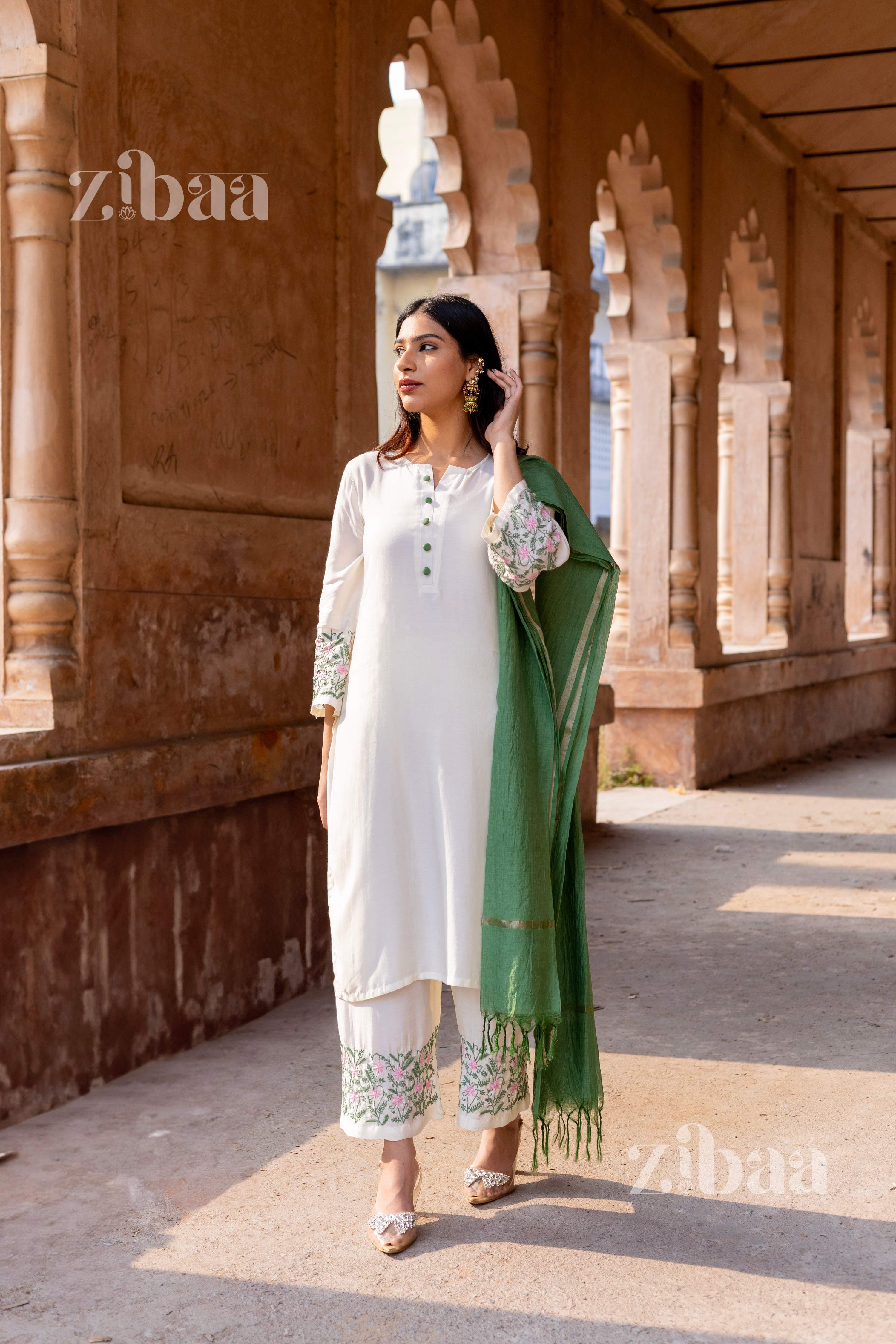 Zibaa Ivory Pure Muslin Chikankari Kurta Set with Mul Dupatta - Distacart