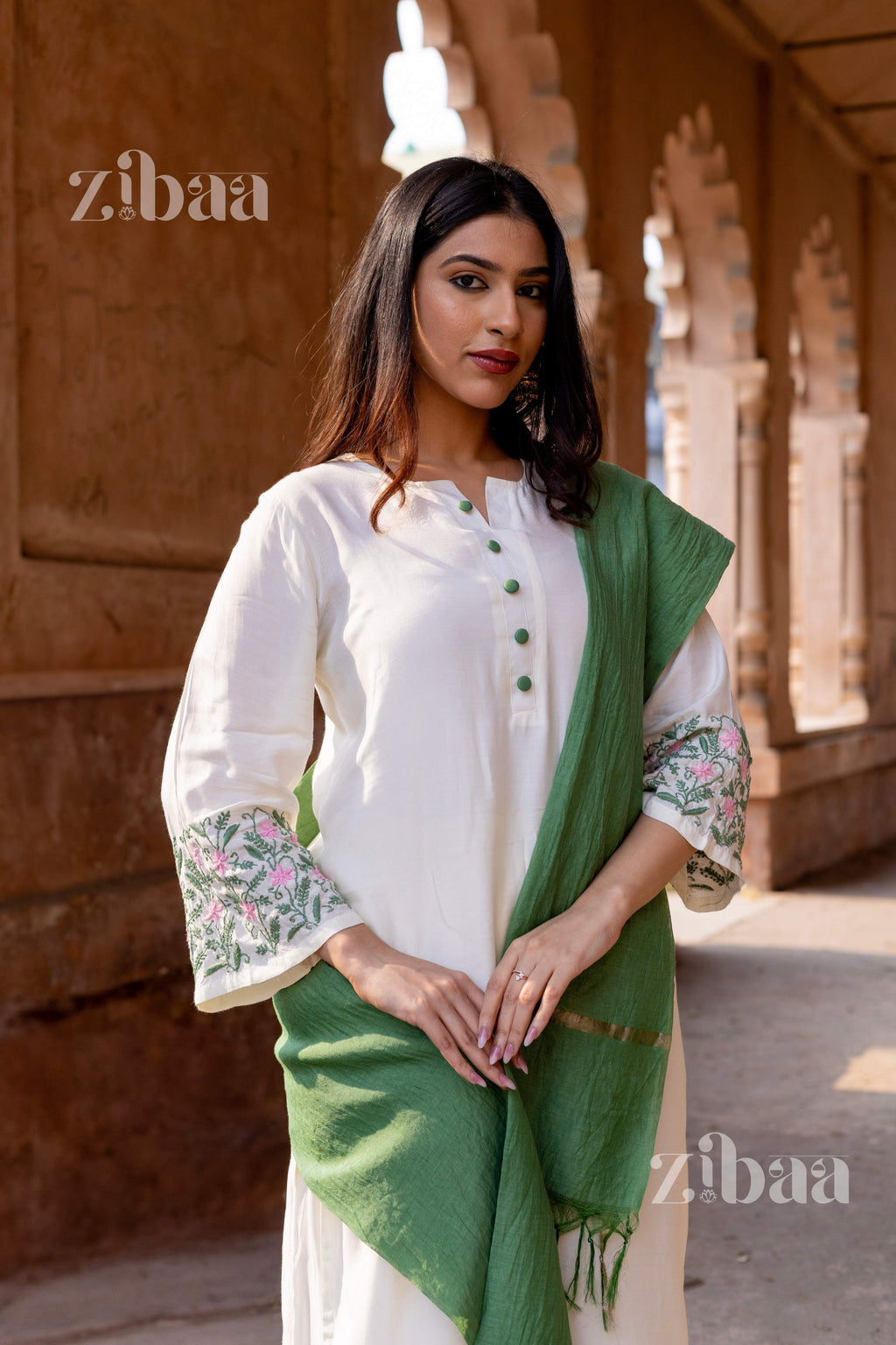 Zibaa Ivory Pure Muslin Chikankari Kurta Set with Mul Dupatta - Distacart