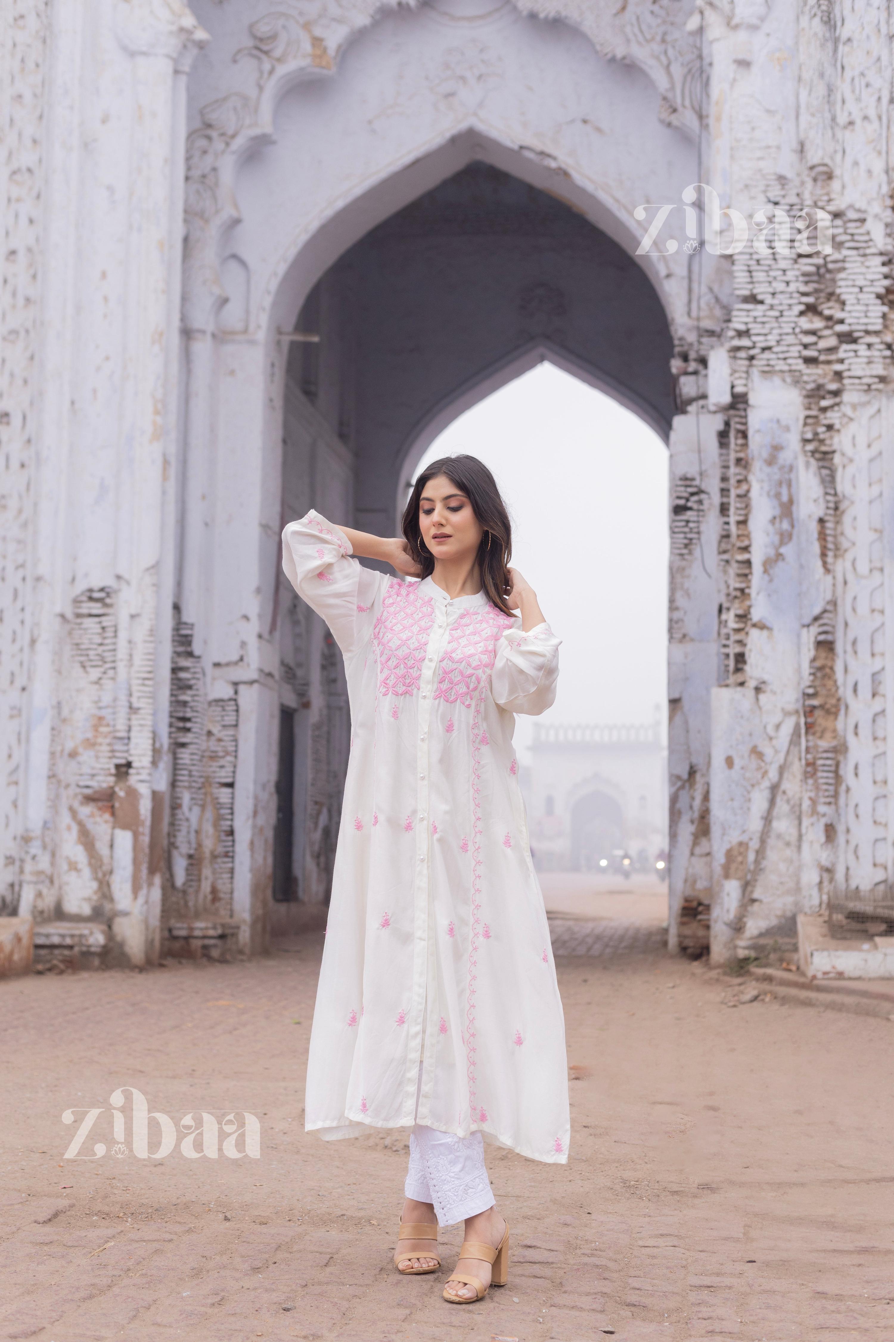 Zibaa Ivory Muslin Long Chikankari Kurta - Distacart
