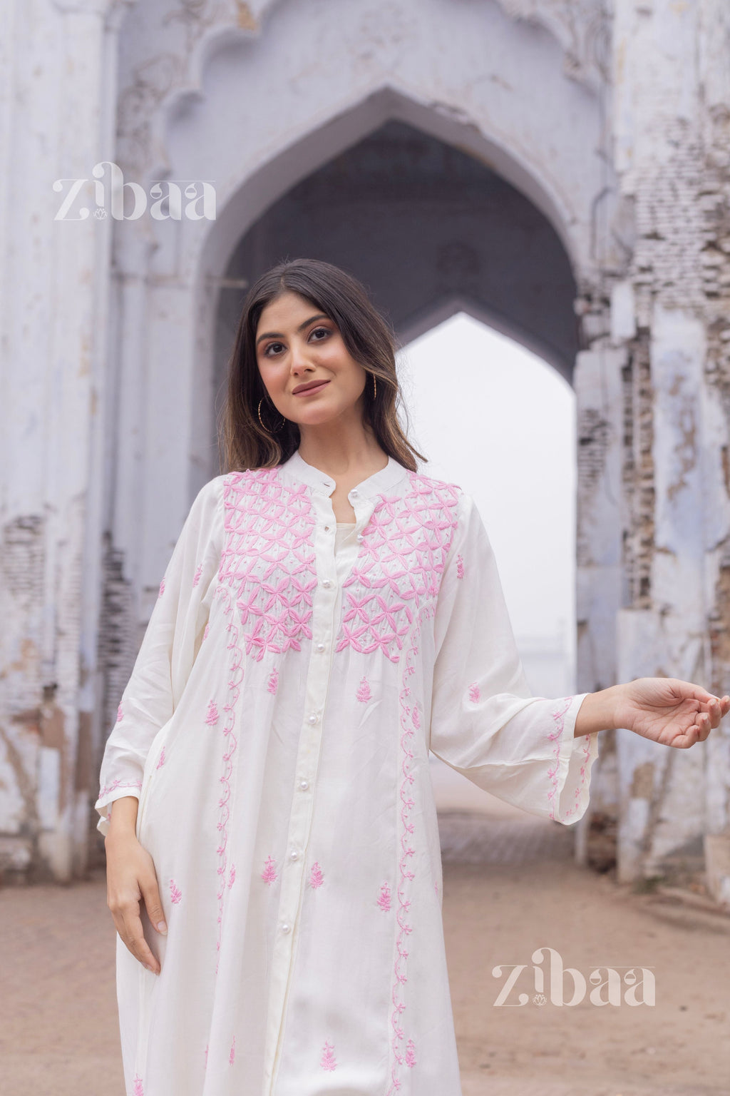 Zibaa Ivory Muslin Long Chikankari Kurta - Distacart