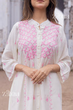 Zibaa Ivory Muslin Long Chikankari Kurta - Distacart