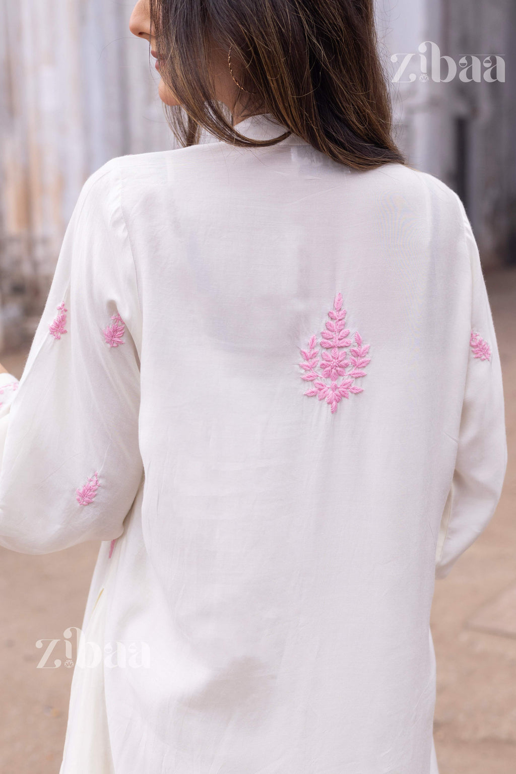 Zibaa Ivory Muslin Long Chikankari Kurta - Distacart