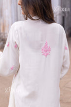 Zibaa Ivory Muslin Long Chikankari Kurta - Distacart