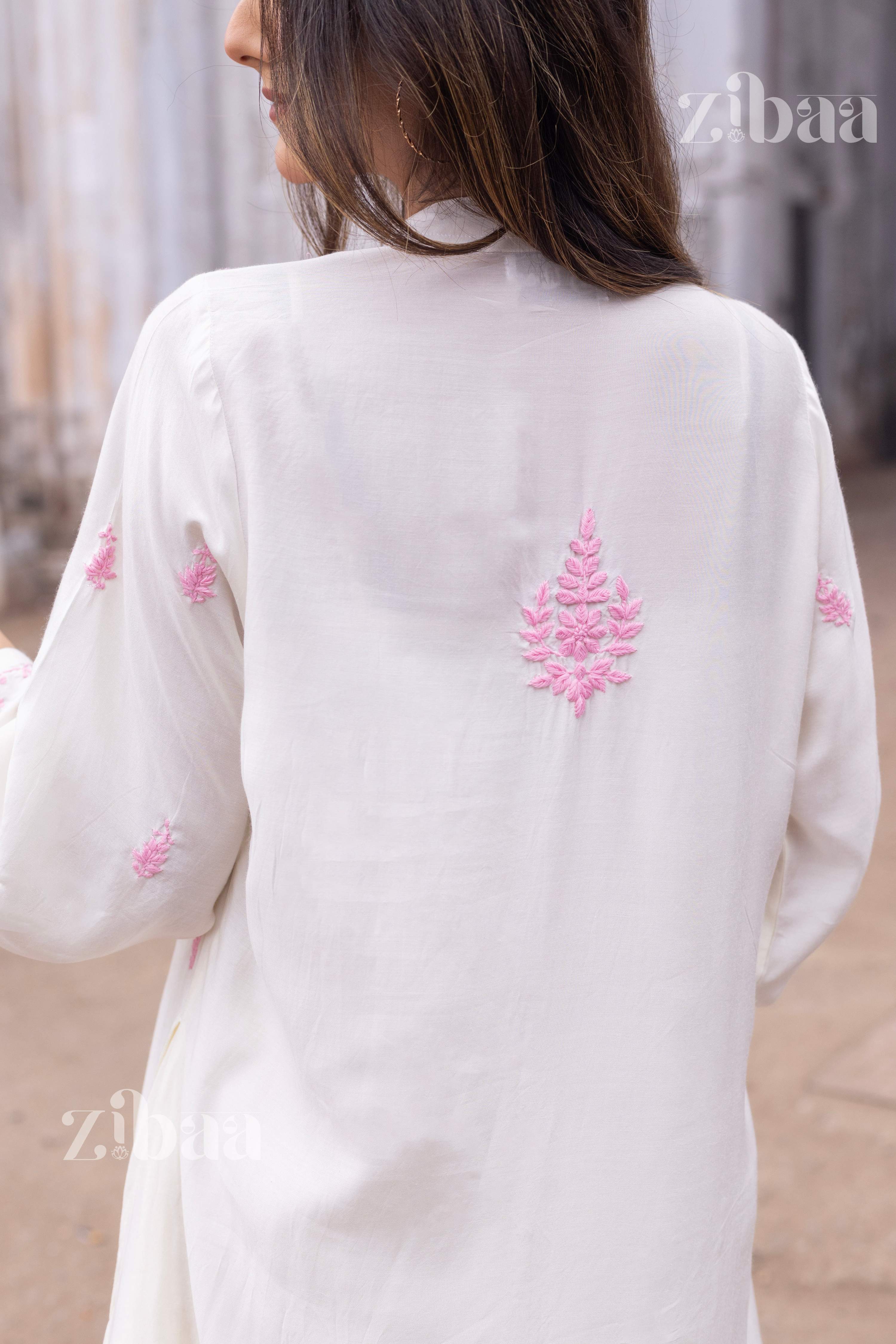 Zibaa Ivory Muslin Long Chikankari Kurta - Distacart