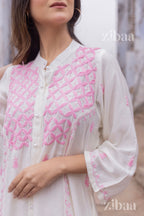 Zibaa Ivory Muslin Long Chikankari Kurta - Distacart
