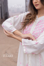 Zibaa Ivory Muslin Long Chikankari Kurta - Distacart