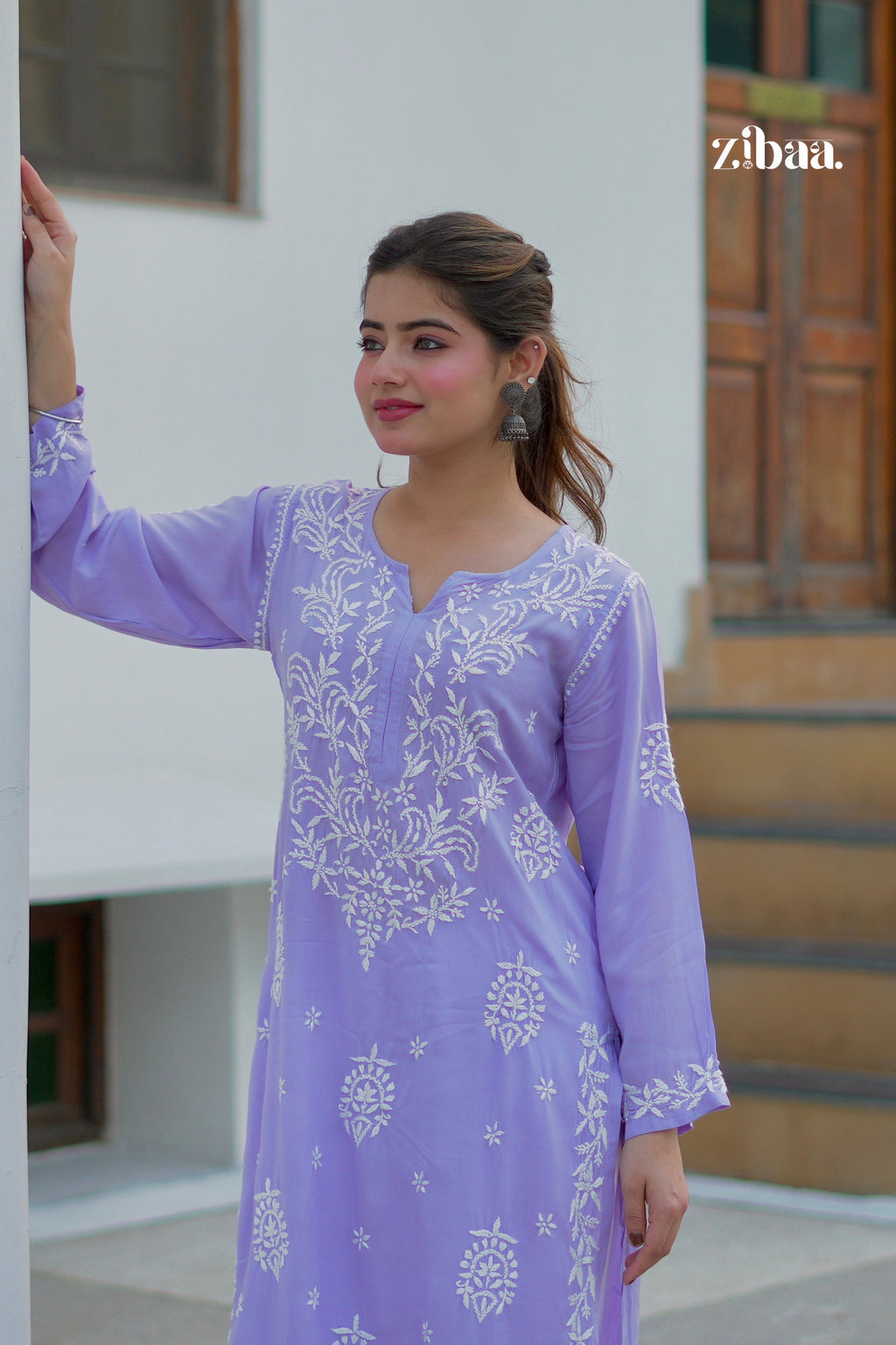Zibaa Modal Lavender Chikankari Kurta - Distacart