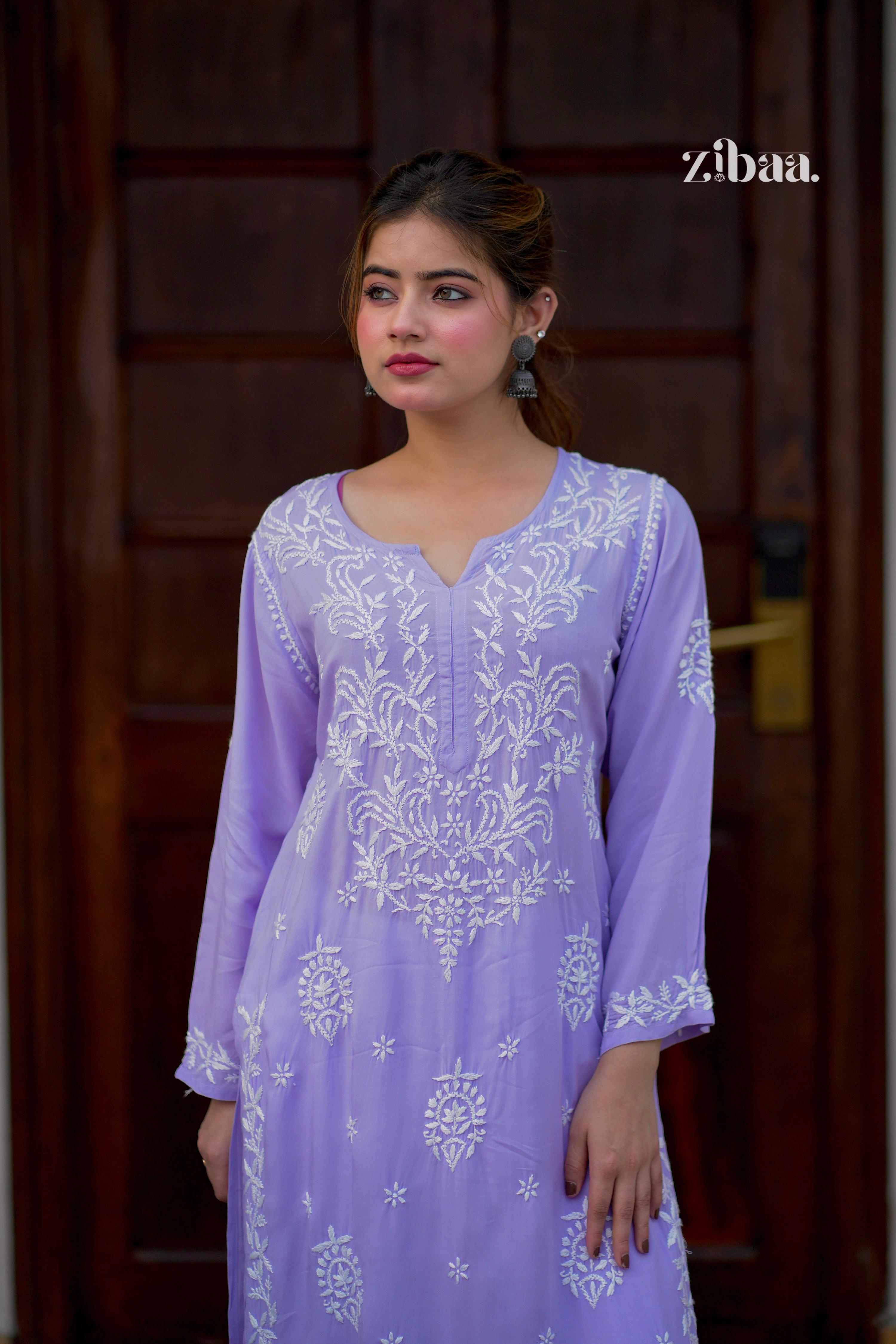 Zibaa Modal Lavender Chikankari Kurta - Distacart