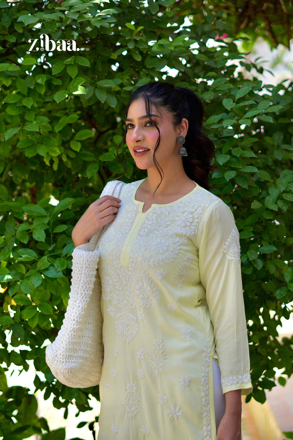 Zibaa Modal Butter Yellow Chikankari Kurta - Distacart