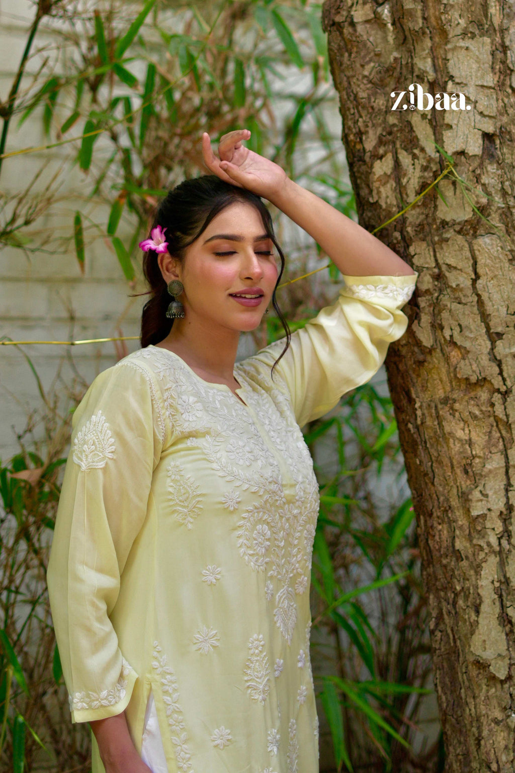 Zibaa Modal Butter Yellow Chikankari Kurta - Distacart