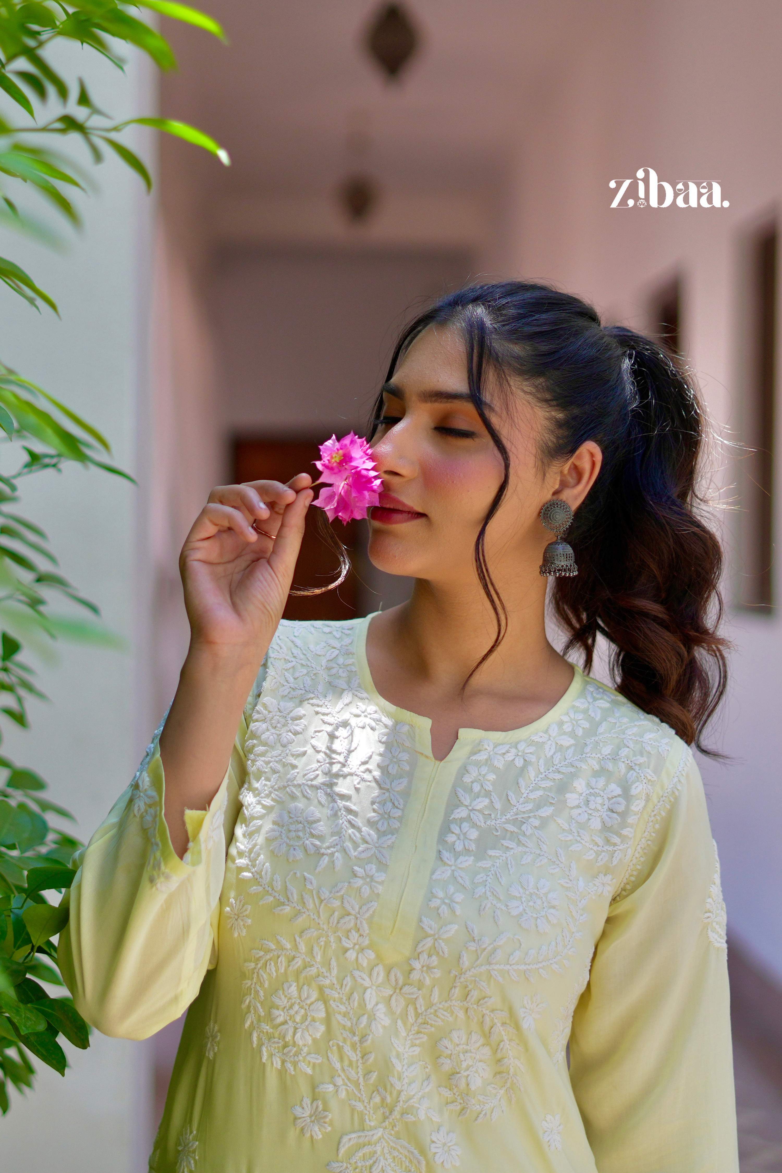 Zibaa Modal Butter Yellow Chikankari Kurta - Distacart