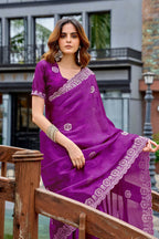 Vastranavya Purple Embroidery Work Shimmer Chiffon Saree with Unstitched Blouse - Distacart