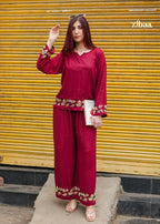 Zibaa Deep Burgundy Luxury Rayon Chikankari Coord Set - Distacart