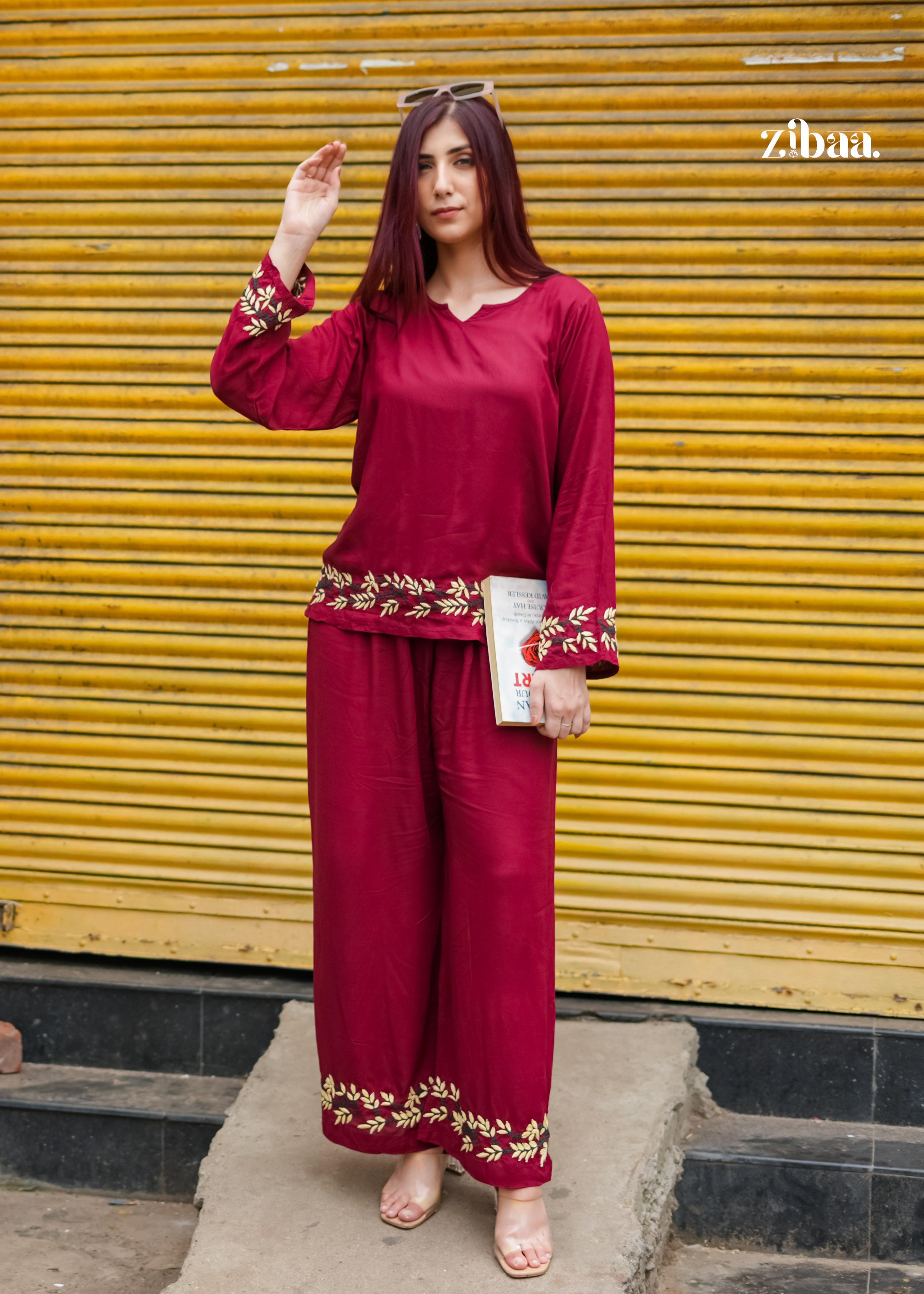 Zibaa Deep Burgundy Luxury Rayon Chikankari Coord Set - Distacart