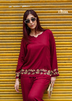 Zibaa Deep Burgundy Luxury Rayon Chikankari Coord Set - Distacart