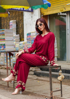 Zibaa Deep Burgundy Luxury Rayon Chikankari Coord Set - Distacart