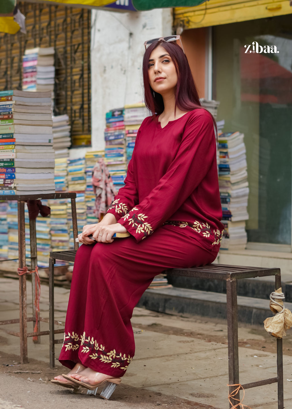 Zibaa Deep Burgundy Luxury Rayon Chikankari Coord Set - Distacart