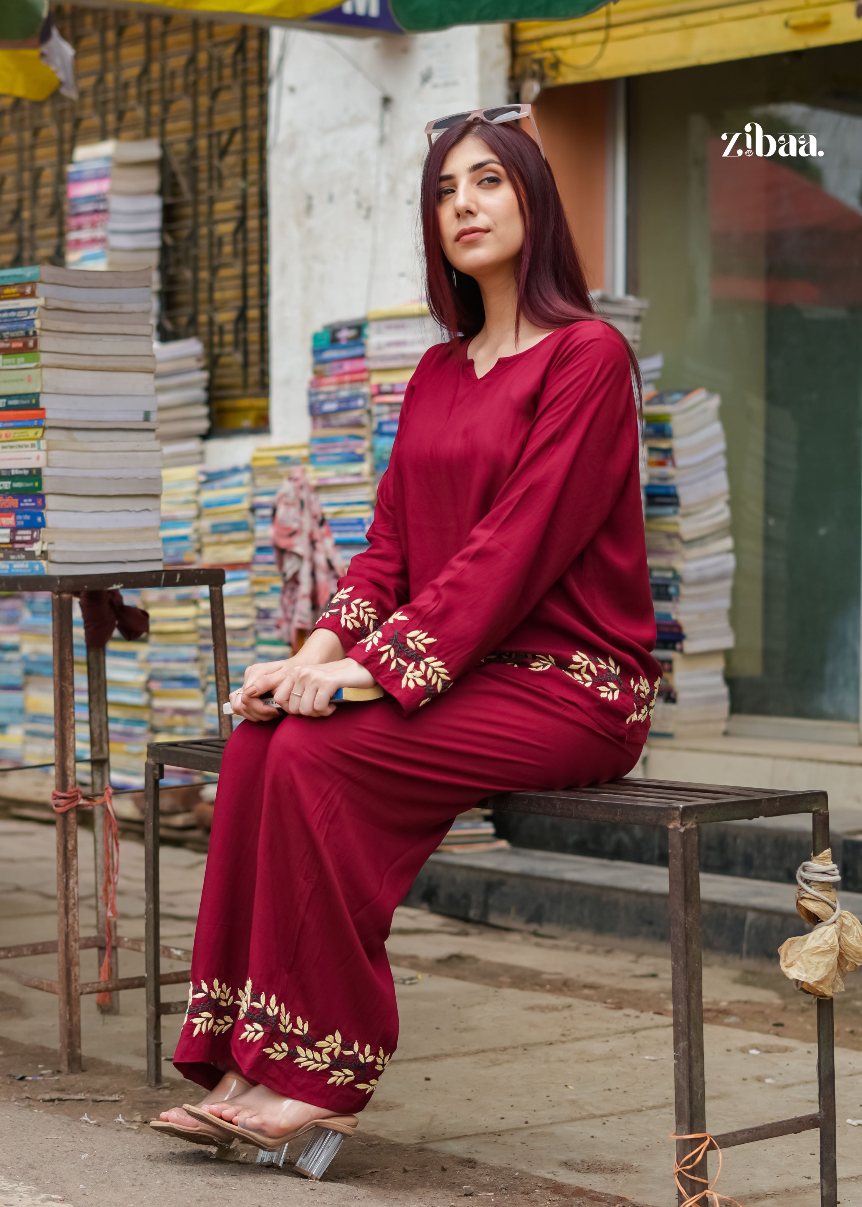 Zibaa Deep Burgundy Luxury Rayon Chikankari Coord Set - Distacart
