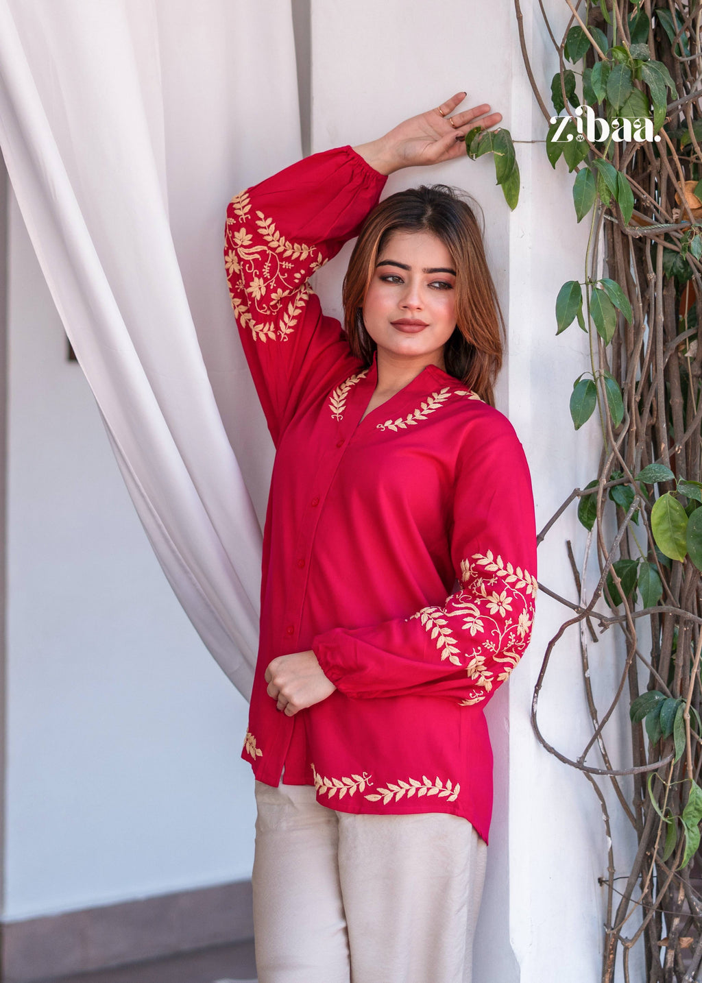Zibaa Hot Pink Luxury Rayon Chikankari Top - Distacart