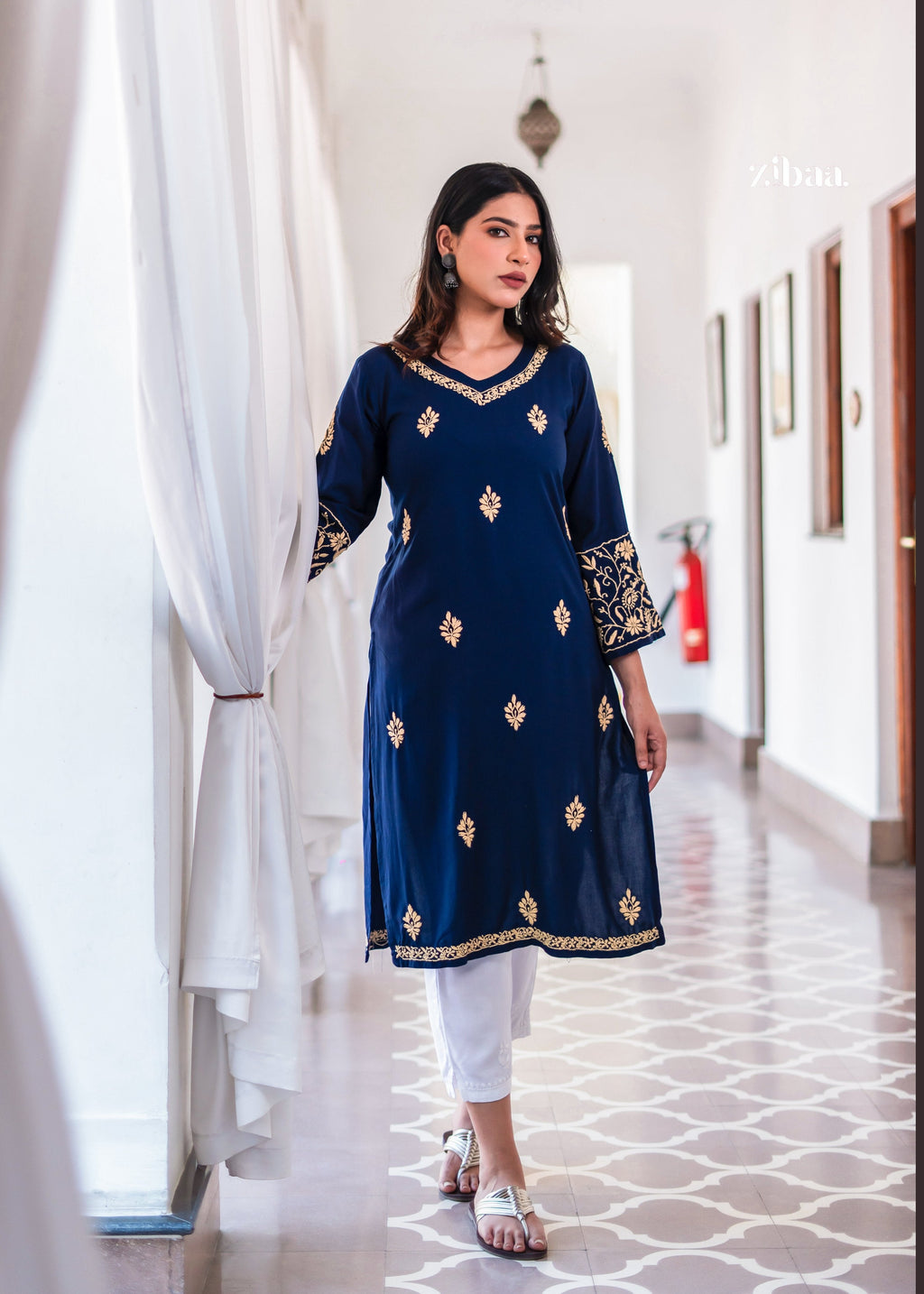 Zibaa Blue & Gold Luxury Rayon Chikankari Kurta - Distacart