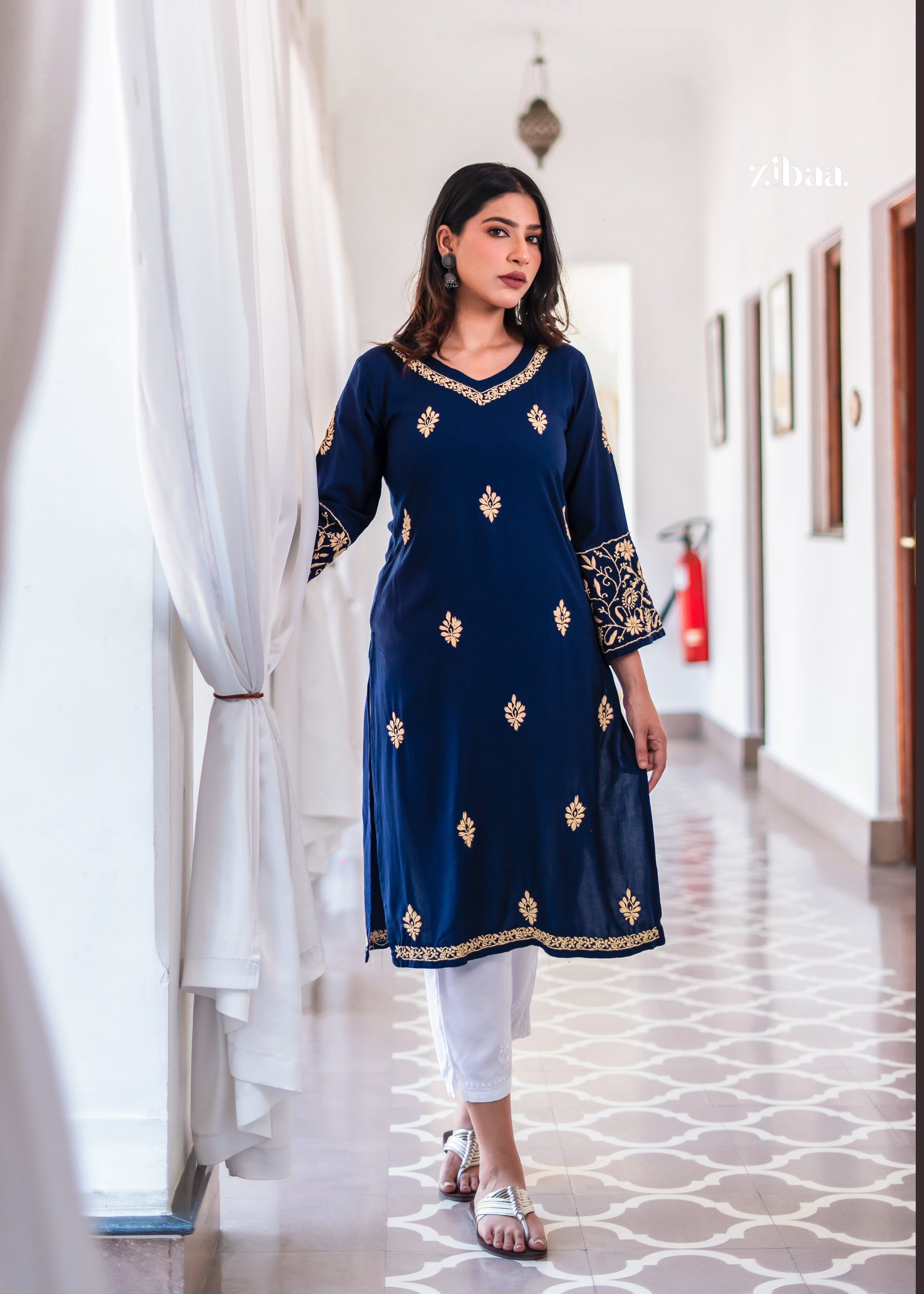 Zibaa Blue & Gold Luxury Rayon Chikankari Kurta - Distacart