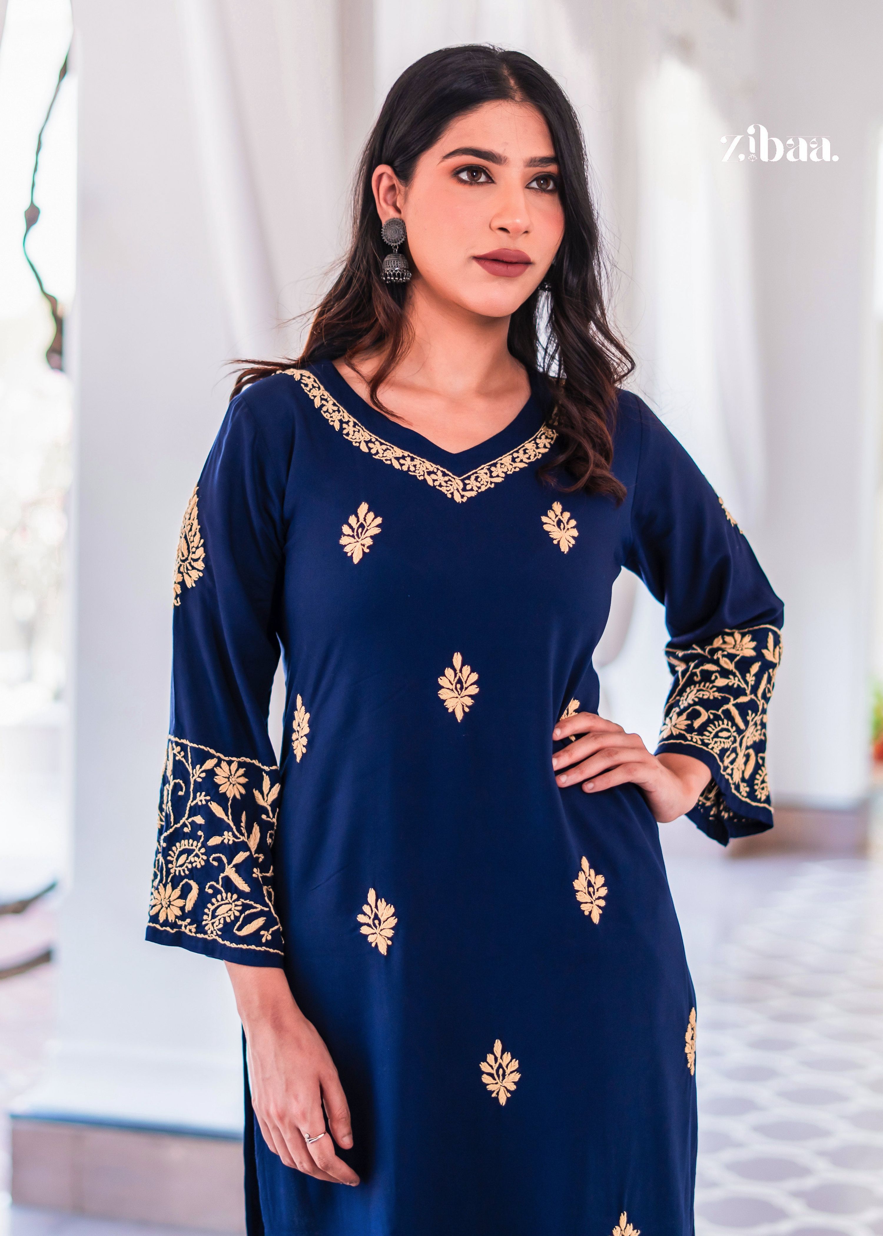 Zibaa Blue & Gold Luxury Rayon Chikankari Kurta - Distacart
