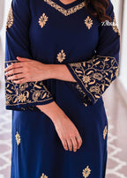 Zibaa Blue & Gold Luxury Rayon Chikankari Kurta - Distacart